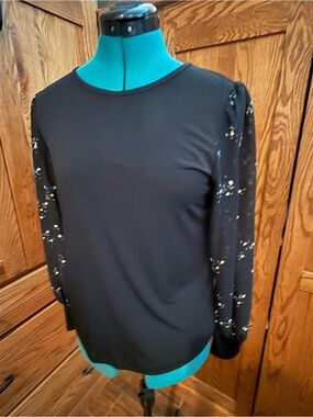 Black Long-Sleeve Women's Top with Patterned Sheer Sleeves